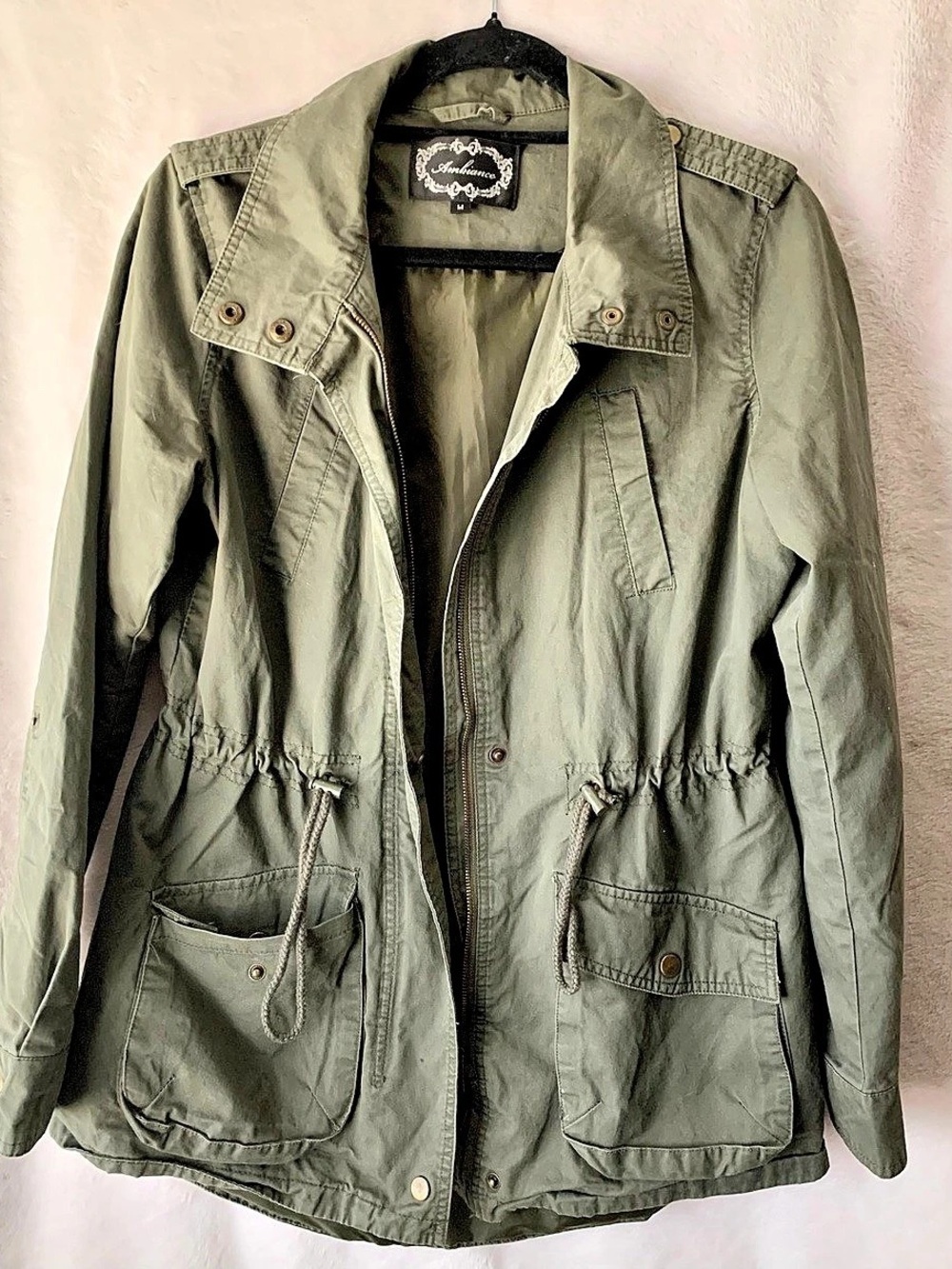 Ambiance Army Olive Green Utility Cargo Anorak Jacket Roll Tab M